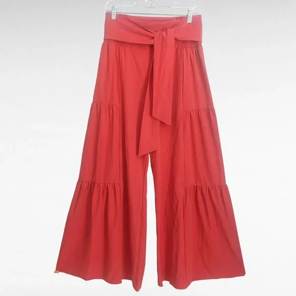 HALARA Pants High Rise Wide Leg M Orange Tiered Belted NWT Vacation Resort - Picture 4 of 11